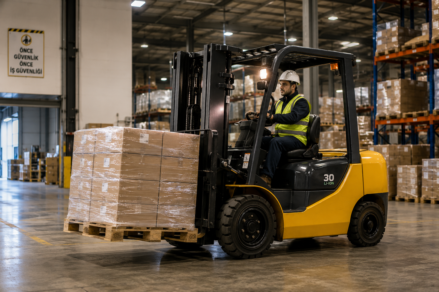 Depoda palet taşıyan sarı forklift